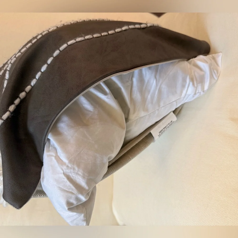 VILLA by CLASSIC HOME Vegan Leather Fringe Pillow Duck Feather Insert 18x18